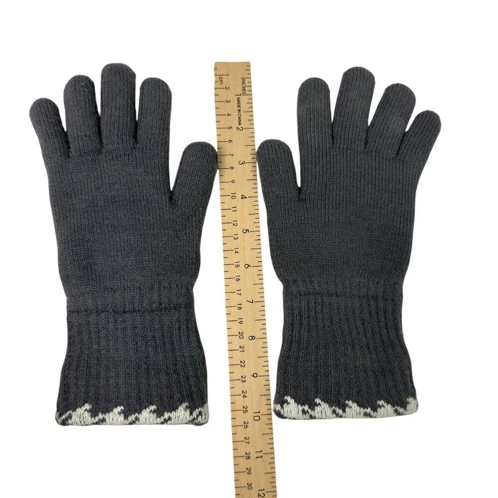 Women’s Gray Knit Winter Gloves with Houndstooth Cuffs – Fleece Lined